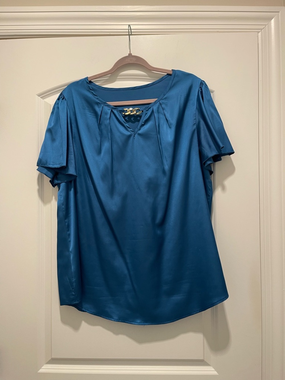 Women's Teal Satin Short-Sleeve Blouse - Unbranded